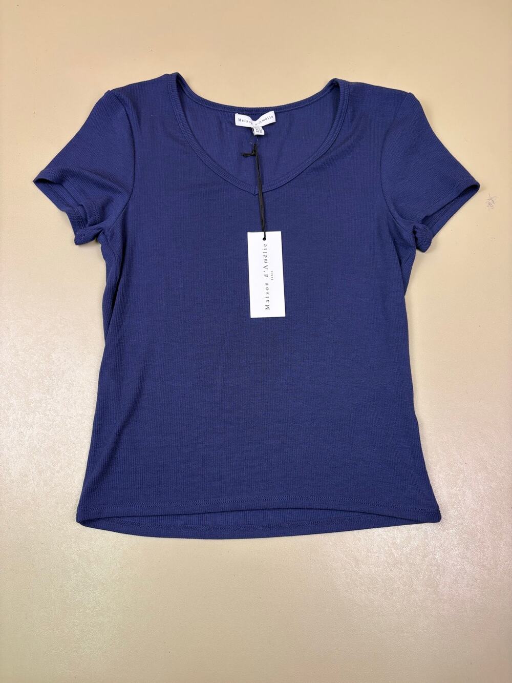 Blue Ribbed Scoop Neck T Shirt Women XS Maison d’Amélie Paris Short Sleeve NWT